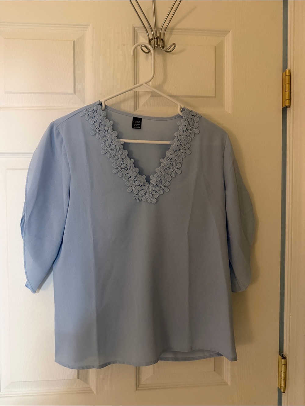 SHEIN Light Blue V-Neck Blouse with Floral Lace Trim - NWOT
